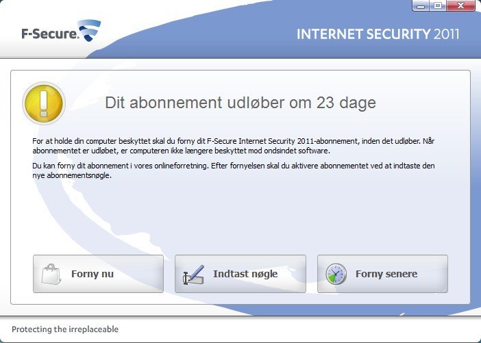 F-Secure antivirus skal opdateres efter licens udløb