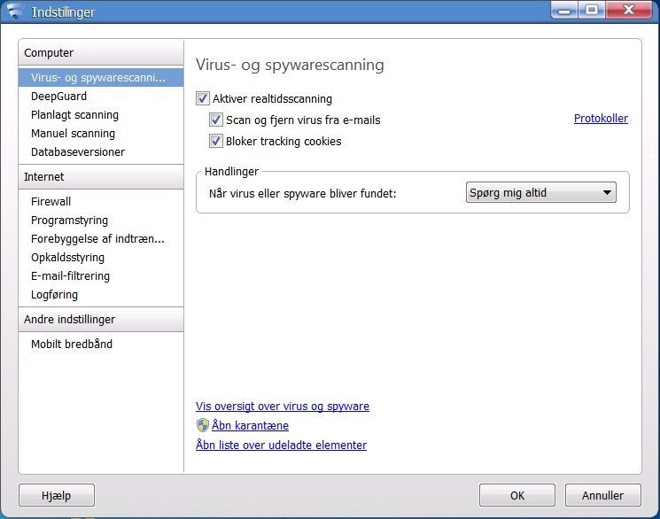 F-Secure Internet Sikkerhed indstillinger
