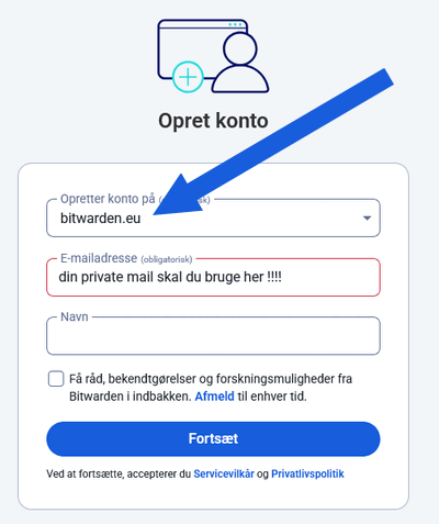 bitwarden opret konto til din private mail pil