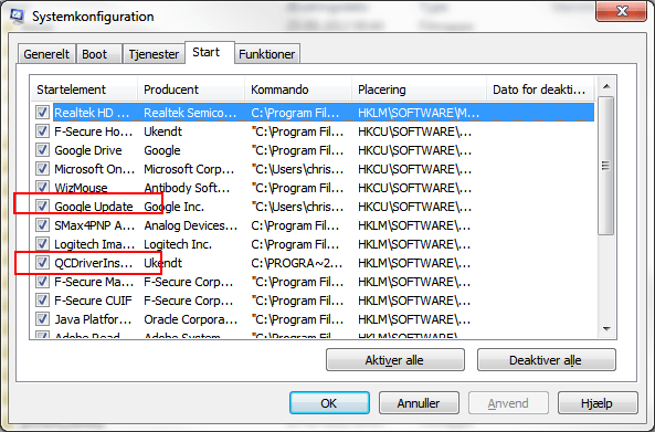 MSConfig - Hvad starter nÃ¥r Commputeren starter