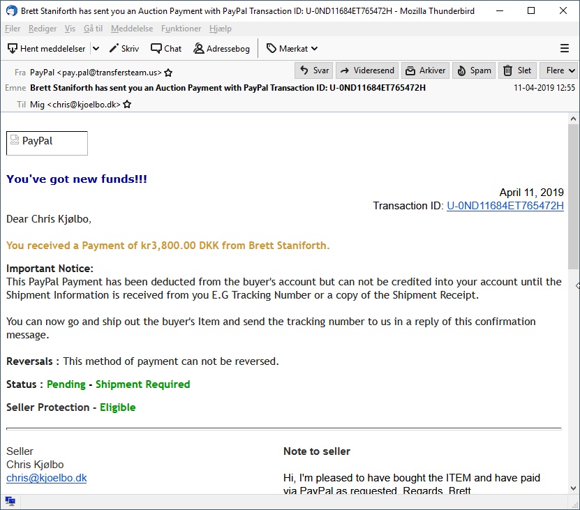 Mail fra PayPal / NEJ DET VAR IKKE PayPal scam fra england