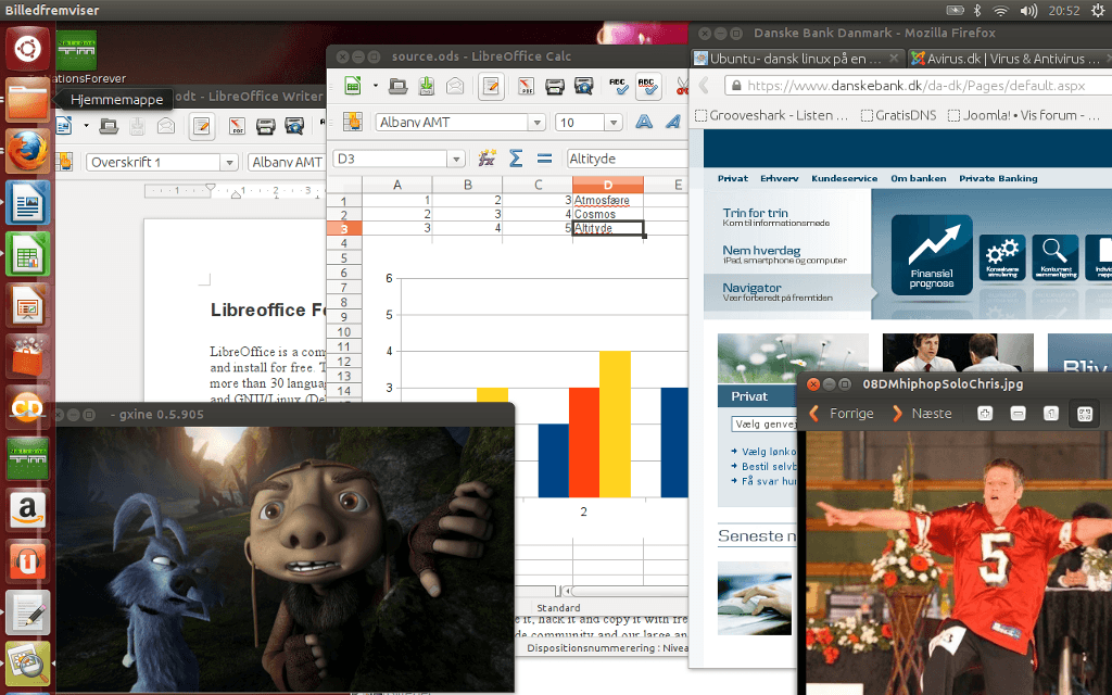 Ubuntu Live Dansk med en del programmer åbne
