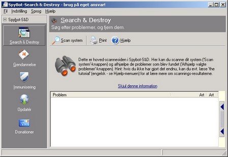 SpyBot selve programmet, på dansk