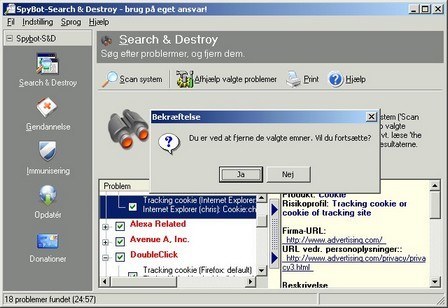 SpyBot sletter så det snavs som den finder