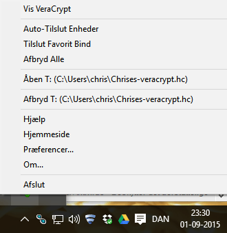 TrueCrypt højreklik ved uret og du har overblik