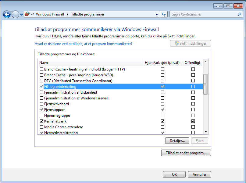 windows Firewall indstillinger tillad fil og printerdeling