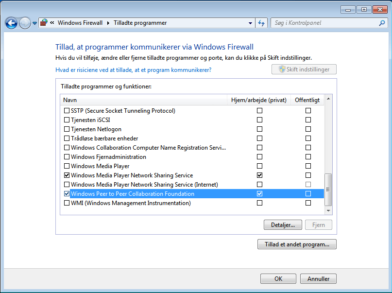Windows Firewall indstillinger deling af media musik og film